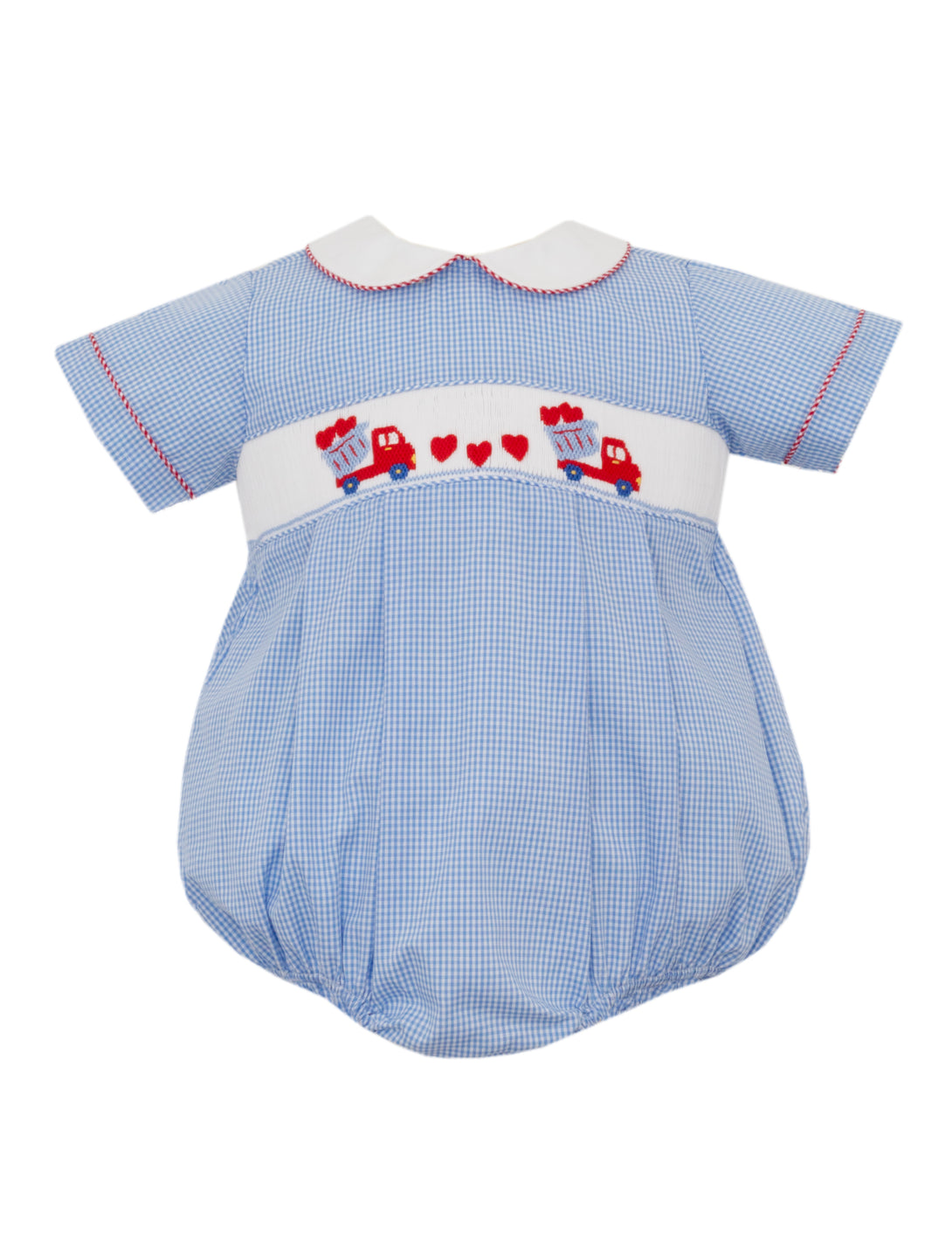 Valentine's Day Light Blue Gingham Boys Short Sleeve Smocked Bubble