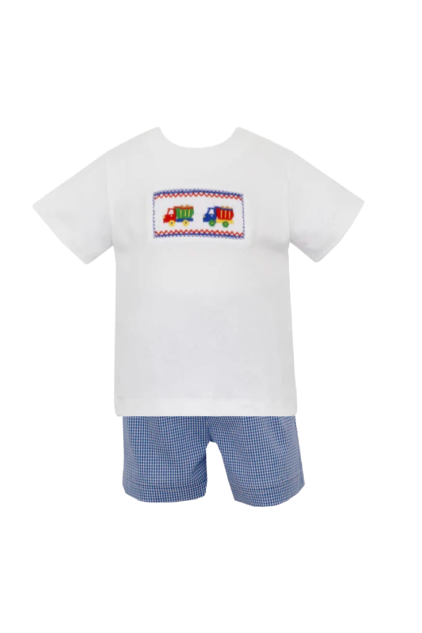 Dump Truck Smocked Boy Short Set - Blue Gingham