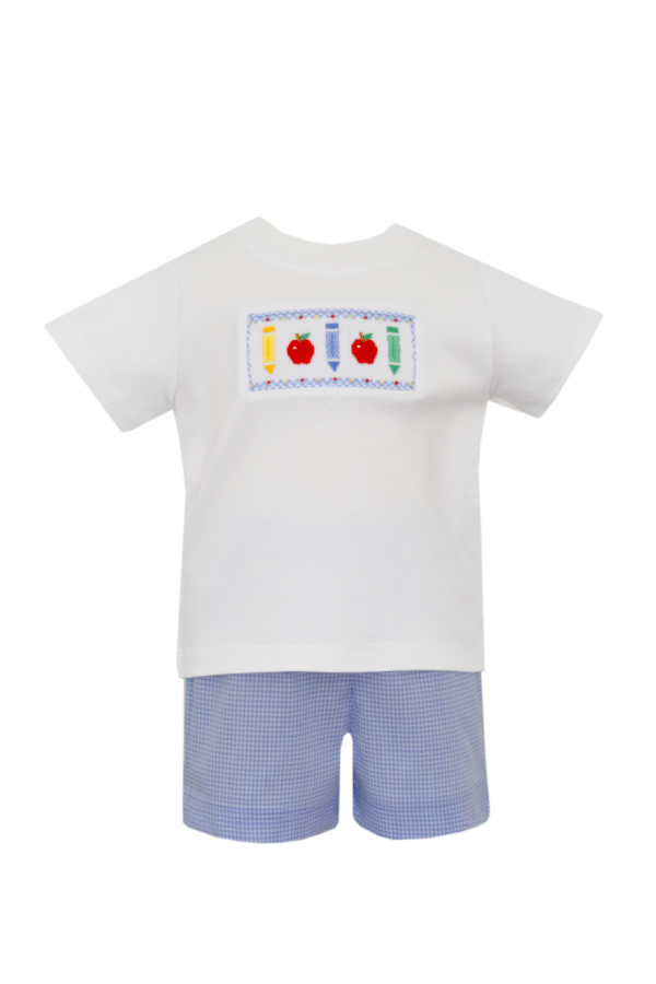 Back To School Smocked Boy Short Set - Blue Gingham