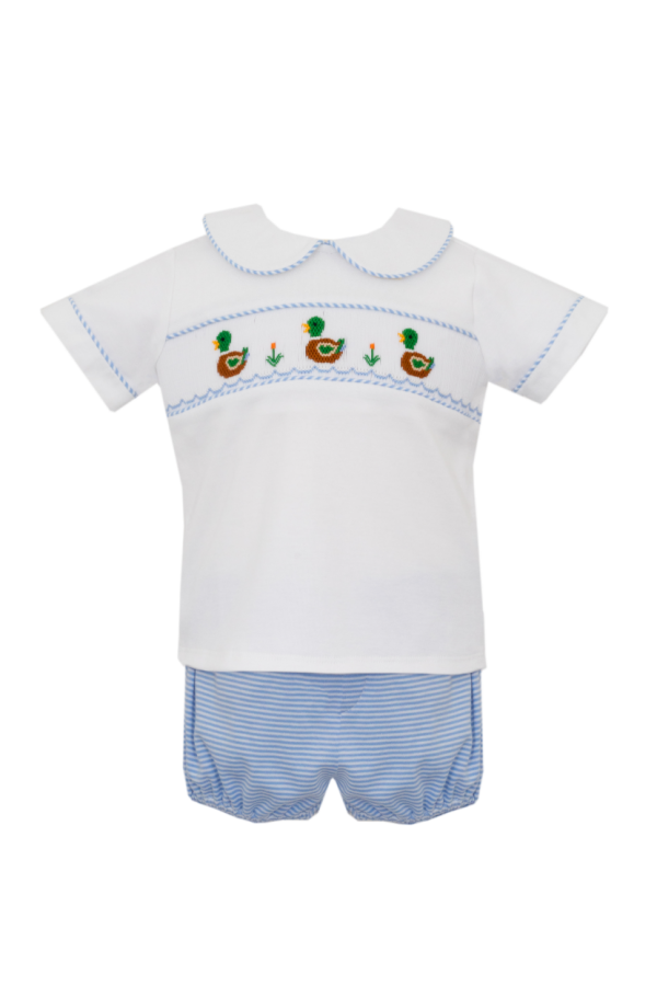 Mallard Duck Blue Stripe Knit Smocked Diaper Set