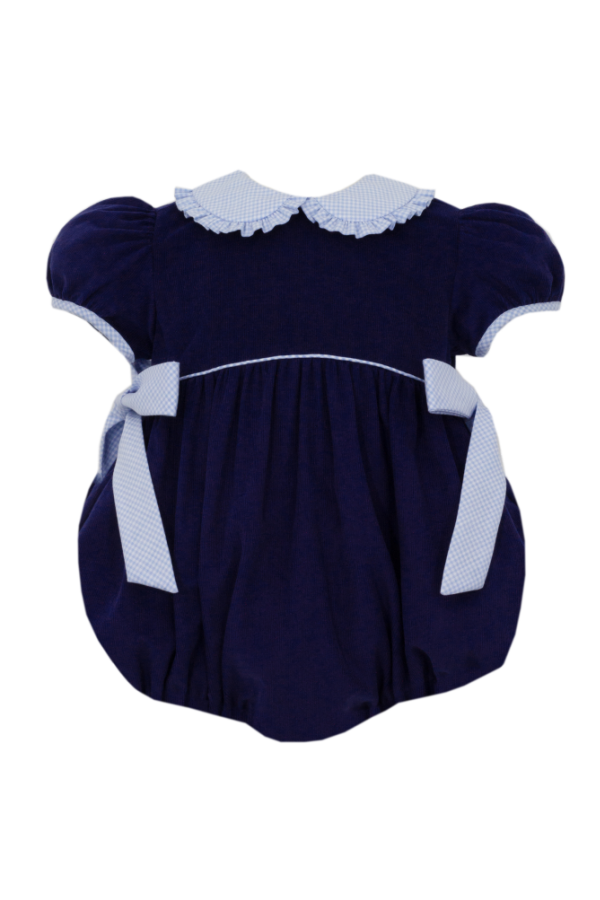 Navy Blue Corduroy Girls Bubble with Blue Gingham