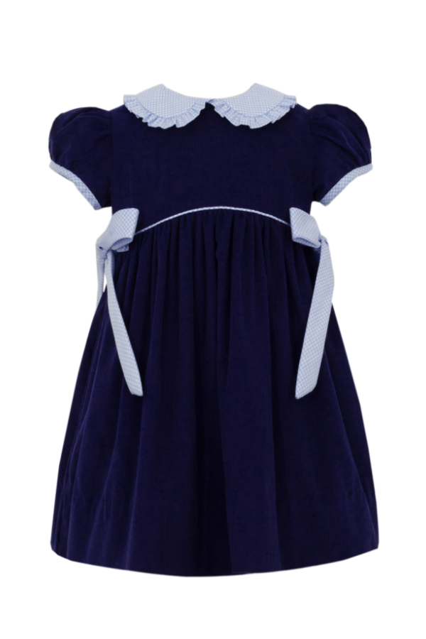 Navy Blue Corduroy Dress with Light Blue Gingham Side Bows and Collar