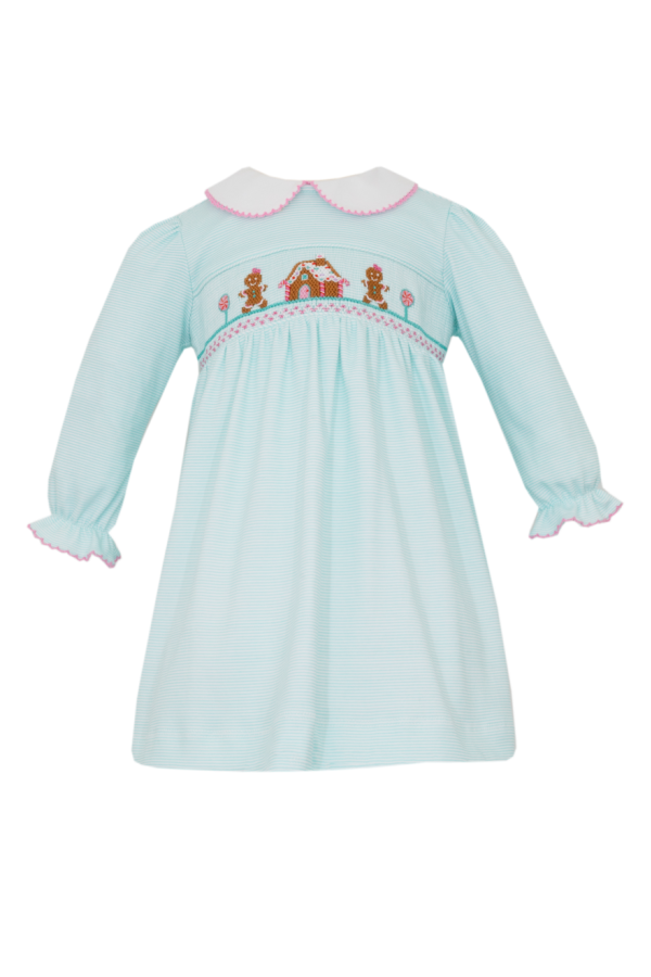 Gingerbread Aqua Pin Stripe Smocked Knit Dress PRE-ORDER