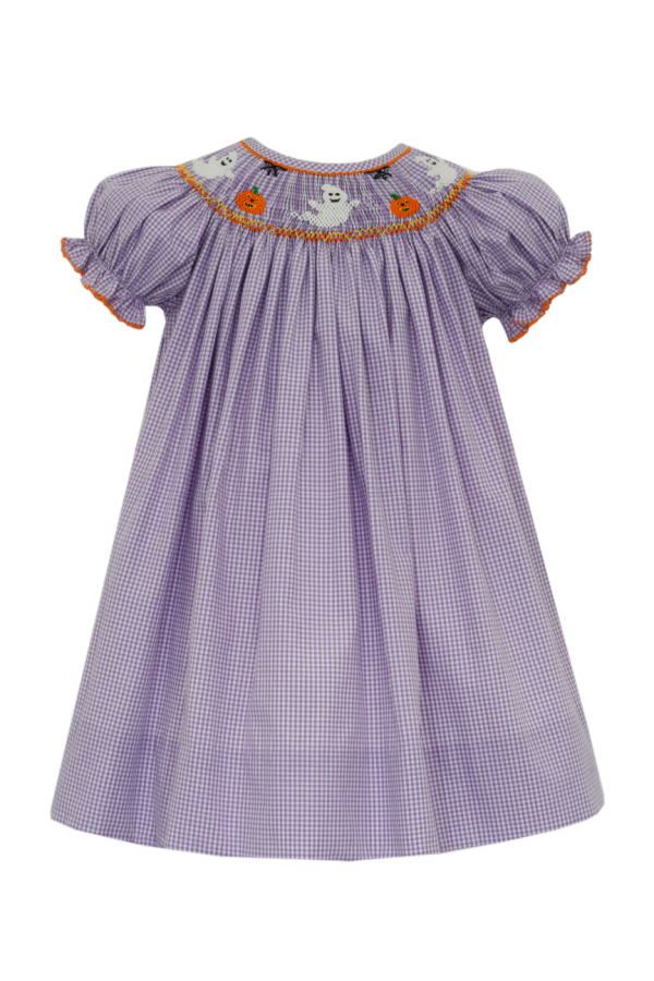 Halloween Ghost and Pumpkin Purple Gingham Bishop Dress