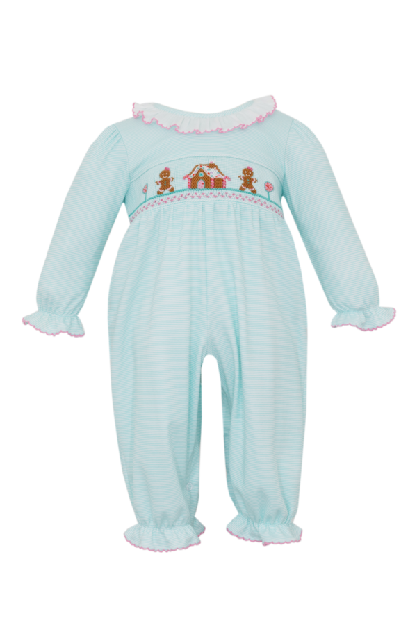 Gingerbread Aqua Pin Stripe Smocked Knit Long Bubble PRE-ORDER