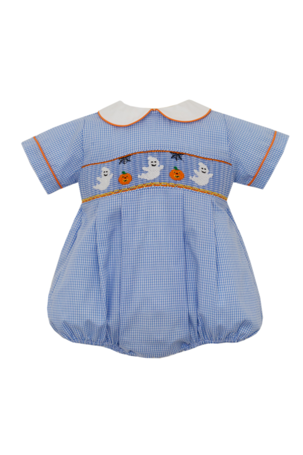 Halloween Ghost and Pumpkin Blue Gingham Smocked Bubble