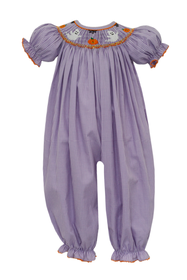 Halloween Ghost and Pumpkin Purple Gingham Smocked Long Bubble