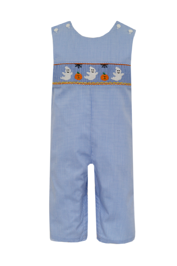 Halloween Ghost and Pumpkin Blue Gingham Smocked Longall