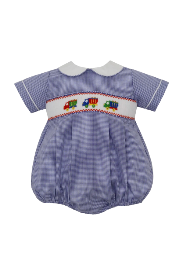 Dump Truck Smocked Boy Bubble - Blue Gingham