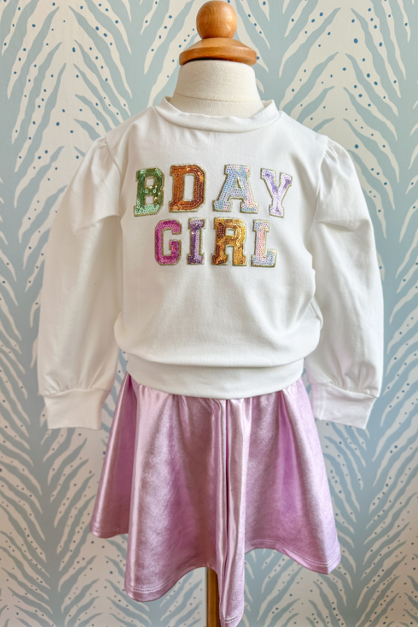 Birthday Girl White Sequin Puff Sleeve Shirt