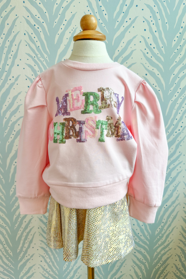 Merry Christmas Pastel Pink Sequin Puff Sleeve Shirt