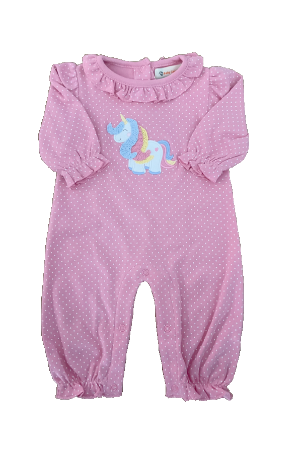 Unicorn Crochet and Applique Ruffled Romper Light Bubblegum Dot