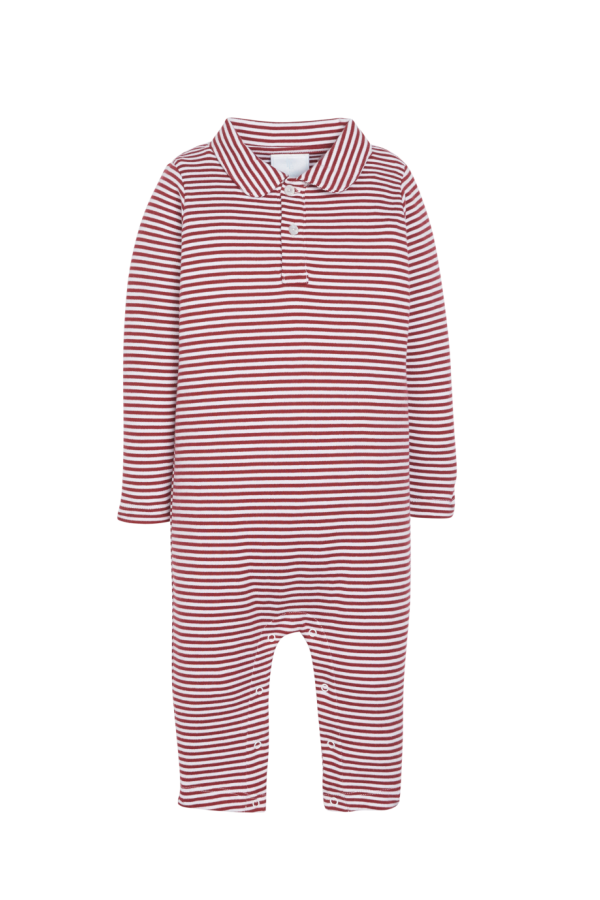 Long Sleeve Polo Romper Maroon Stripe