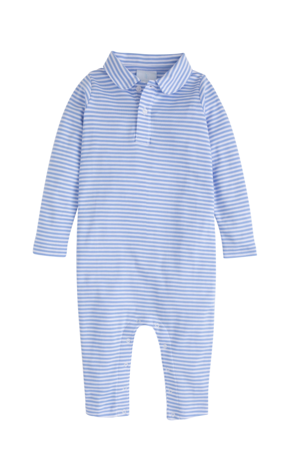 Long Sleeve Polo Romper Light Blue Stripe