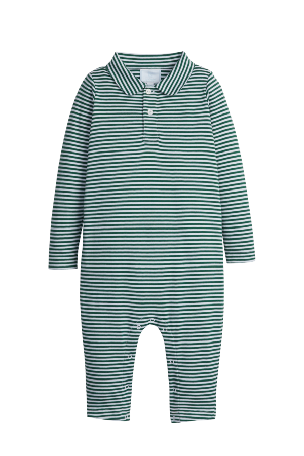 Long Sleeve Polo Romper Hunter Green Stripe