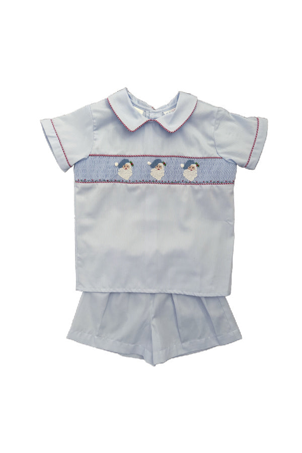 Drew Blue Smocked Santa Short Set