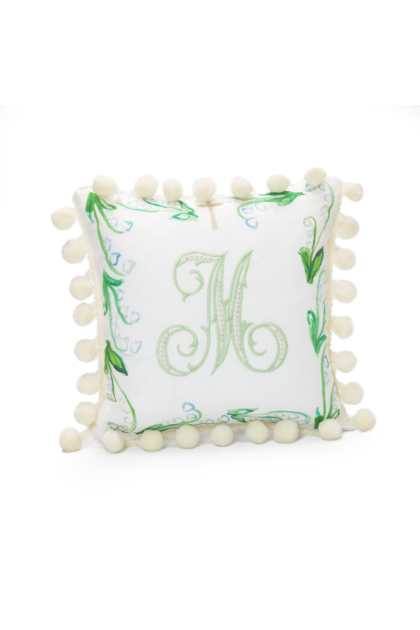 Lily of the Valley with Cross Pillow with Cream Pompom Trim