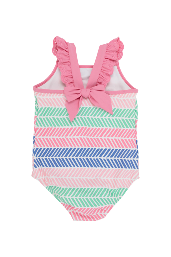 Long Bay Bathing Suit - Bow in Harbour Island Herringbone/Hamptons Hot Pink