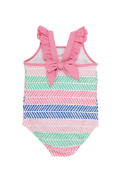 Long Bay Bathing Suit - Bow in Harbour Island Herringbone/Hamptons Hot Pink