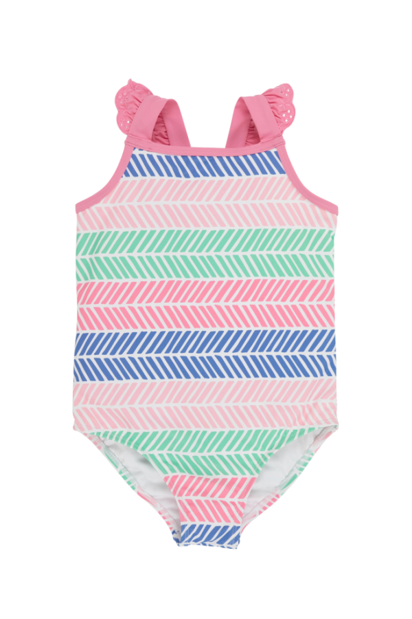 Long Bay Bathing Suit - Bow in Harbour Island Herringbone/Hamptons Hot Pink