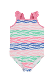 Long Bay Bathing Suit - Bow in Harbour Island Herringbone/Hamptons Hot Pink