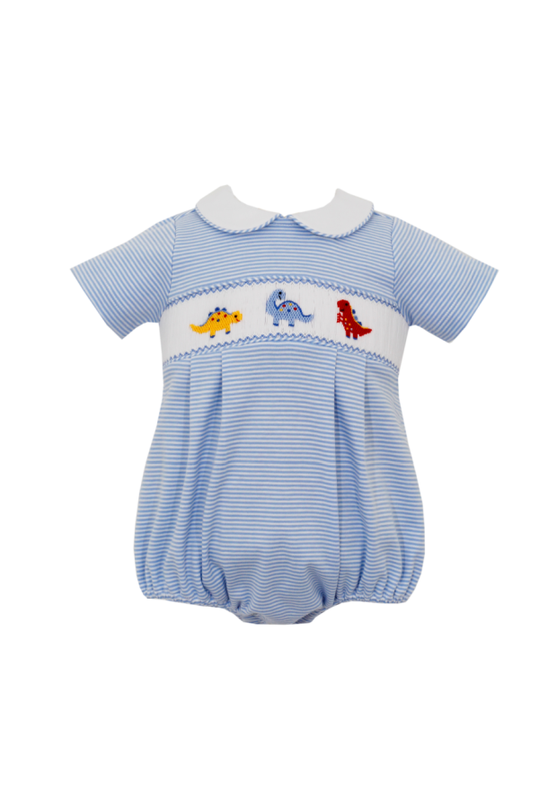 Dinosaur Smocked Knit Boy Bubble - Baby Blue Stripe