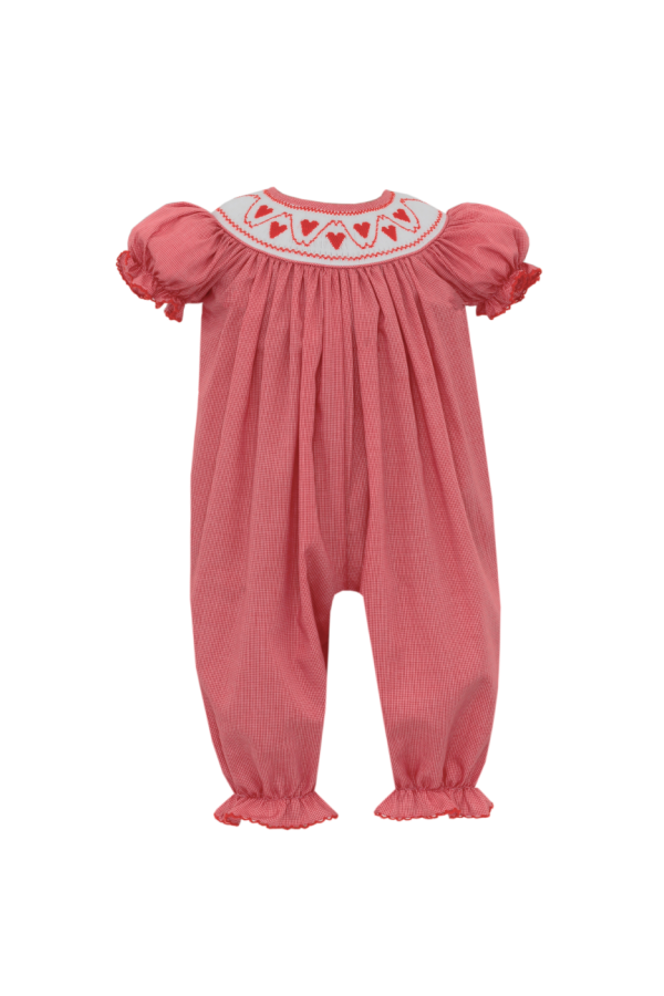 Red Micro Check Heart Smocked Long Bubble