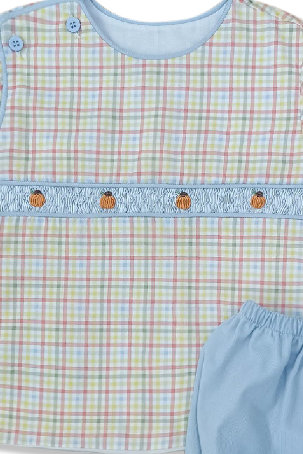Short Sleeve Beau Bloomer Set Plaid and Blue Corduroy