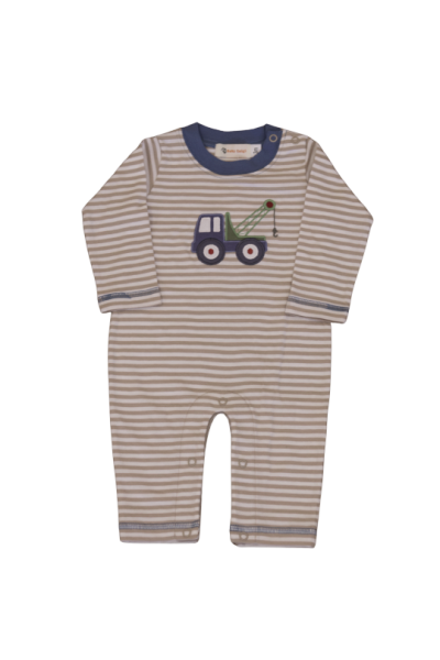 Sand and White Knit Romper with Tow Truck Applique