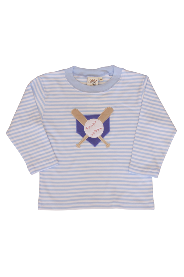 Blue and White Stripe T-Shirt with Baseball Applique