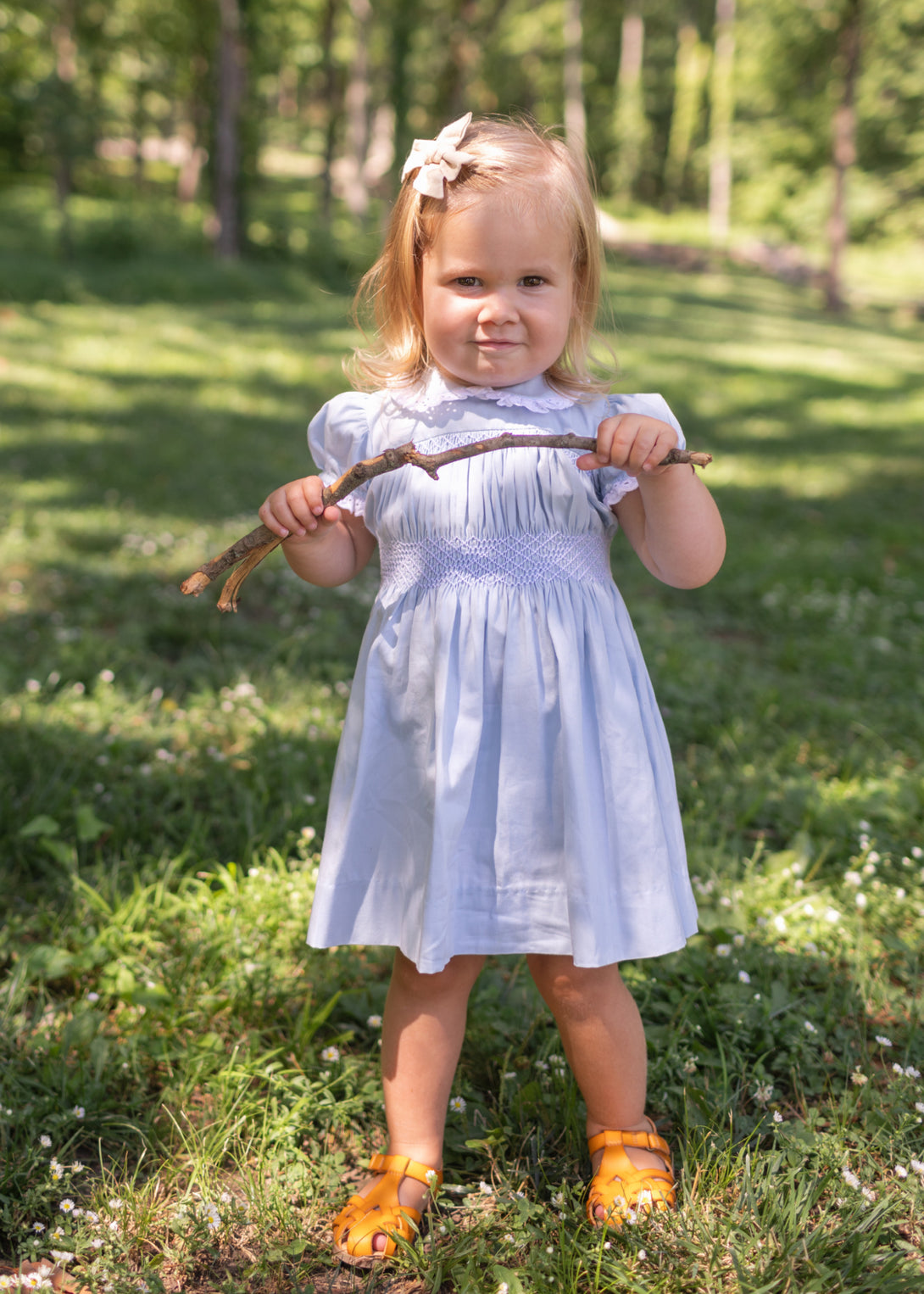 Smocked Polly Dress Blue Rib with White