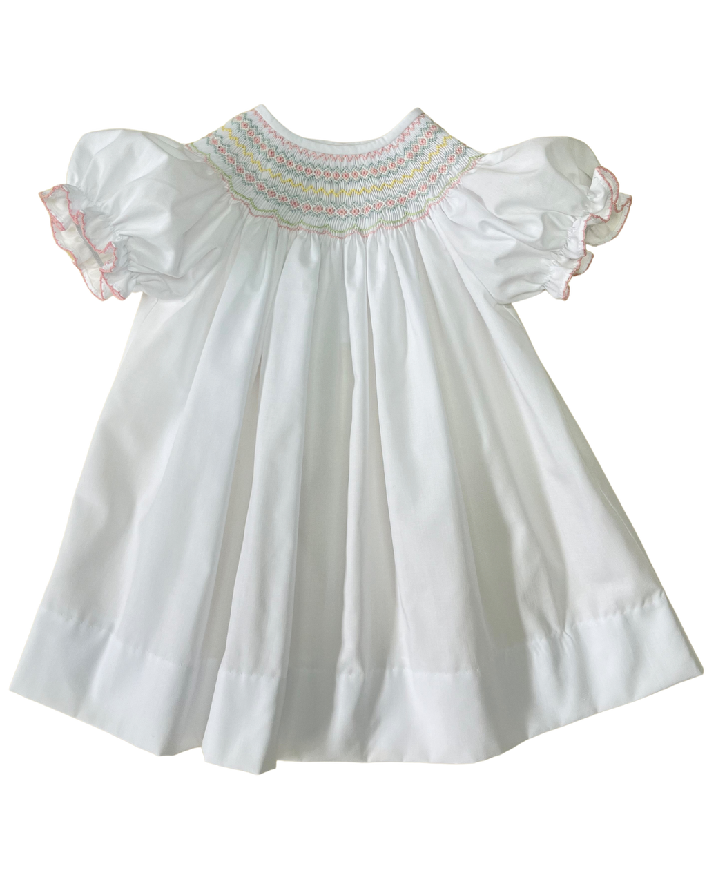 Emma White Smocked Bishop Dress Pastel Geometric