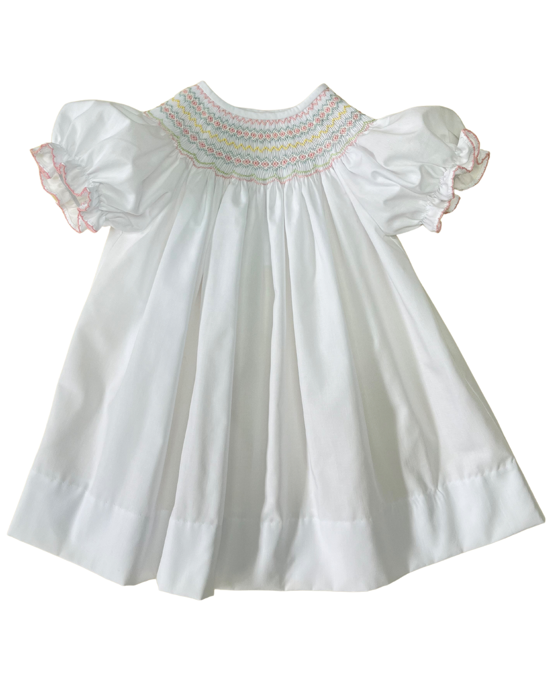 Emma White Smocked Bishop Dress Pastel Geometric