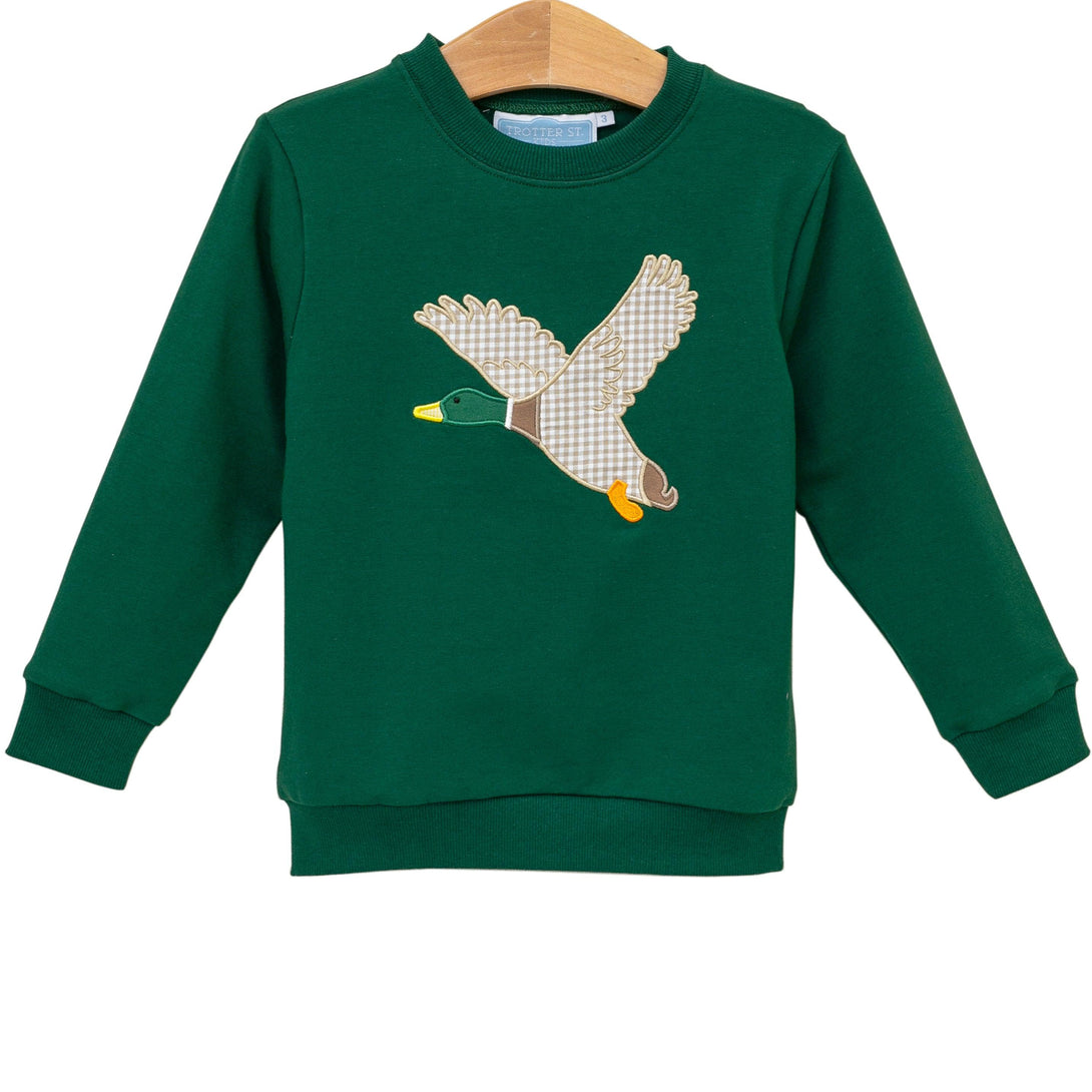 Green sweatshirt with a mallard duck design on a white background