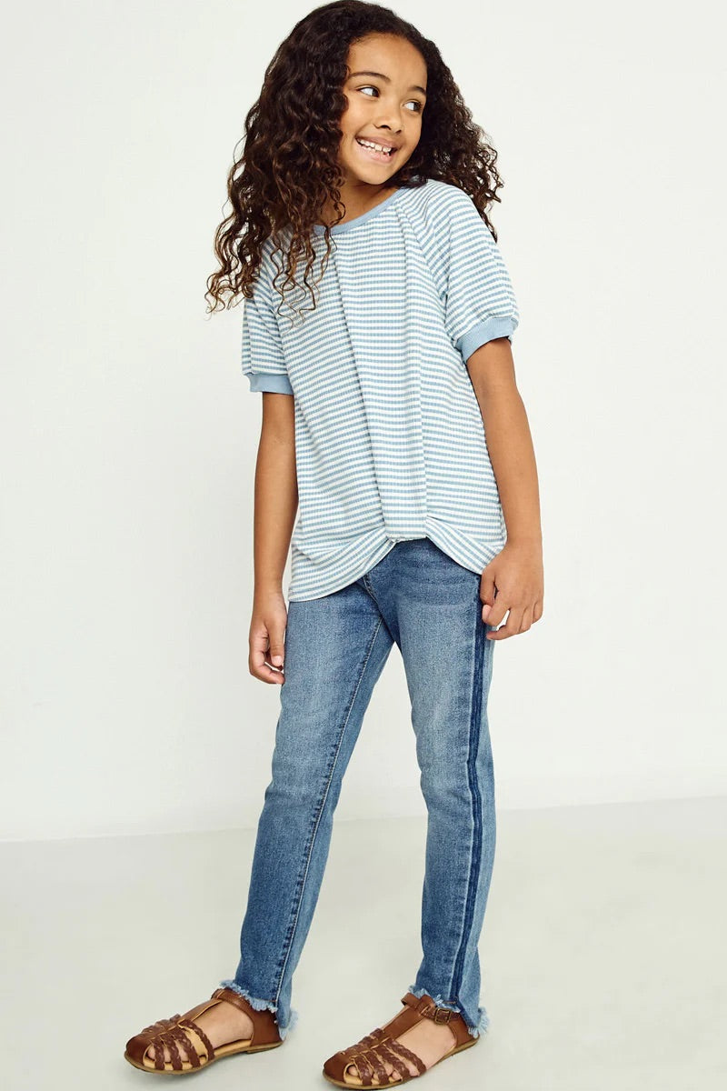 Girls Textured Striped Rib Tucked Hem Tee