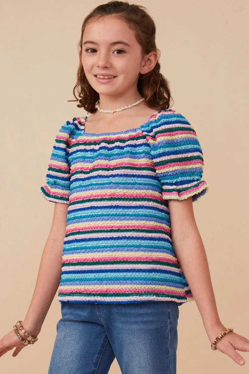 Girls Textured Frill Striped T Shirt