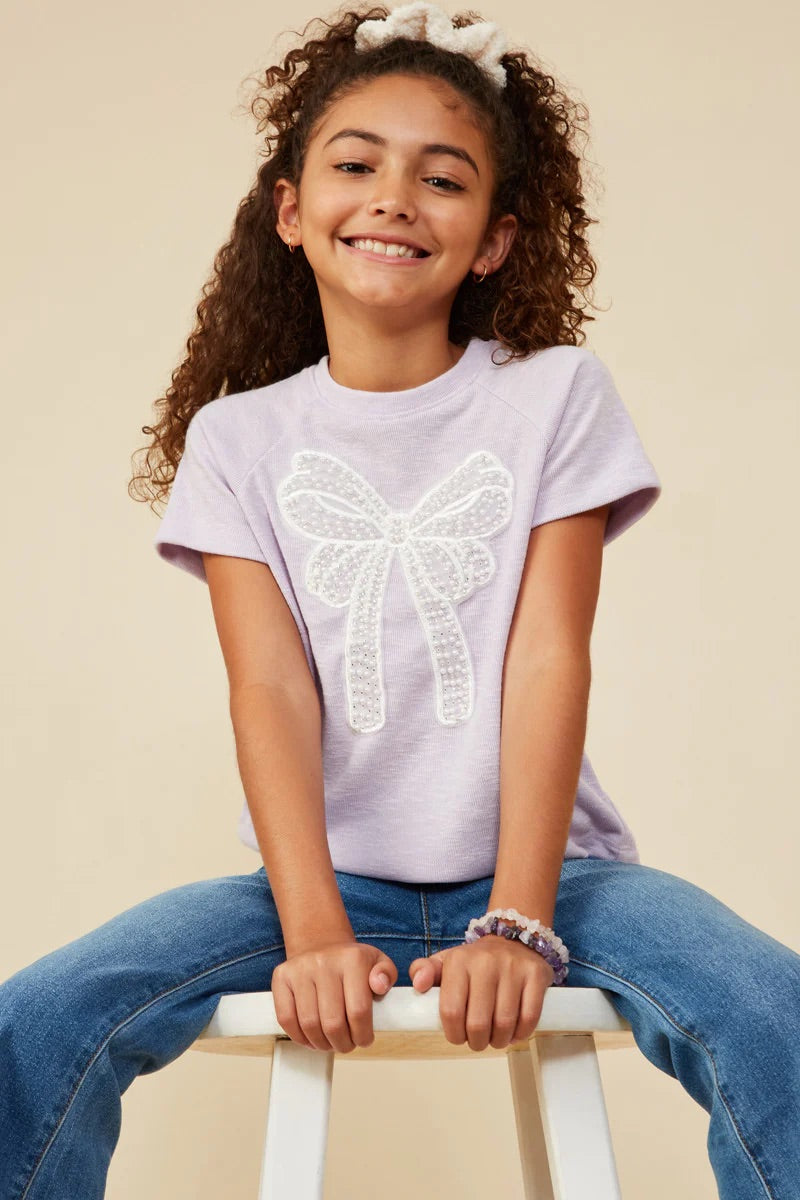 Girls Pearl Ribbon Patch Knit T Shirt Lavender