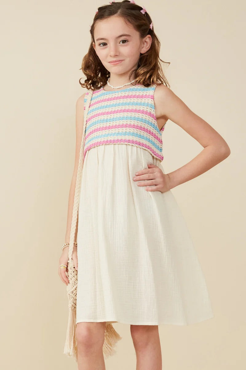 Girls Textured Knit Tank With Botanical Skirt Mix Media Dress