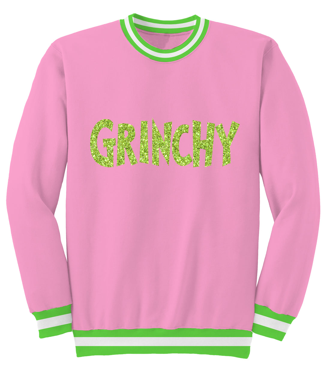 Grinchy in Sequin on Pink Crew Sweatshirt PRE-ORDER