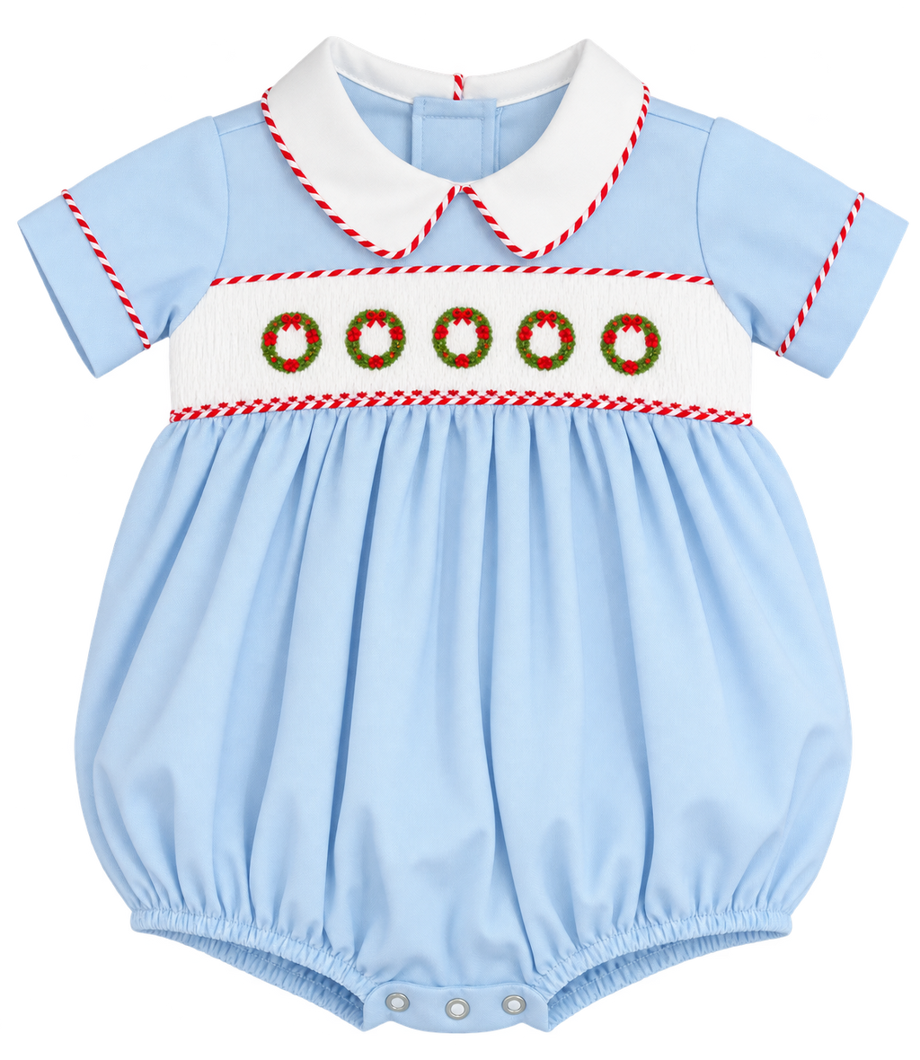 Boy's Christmas Wreath Smocked Bubble