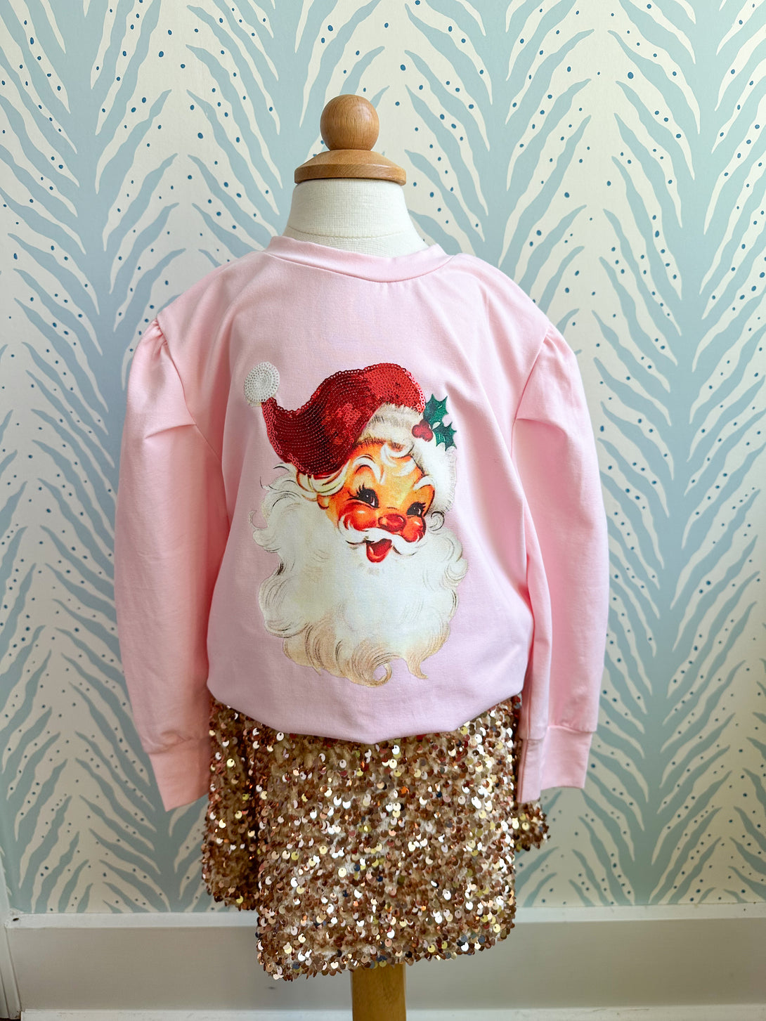 Santa Pink Sequin Hat Puff Sleeve Shirt