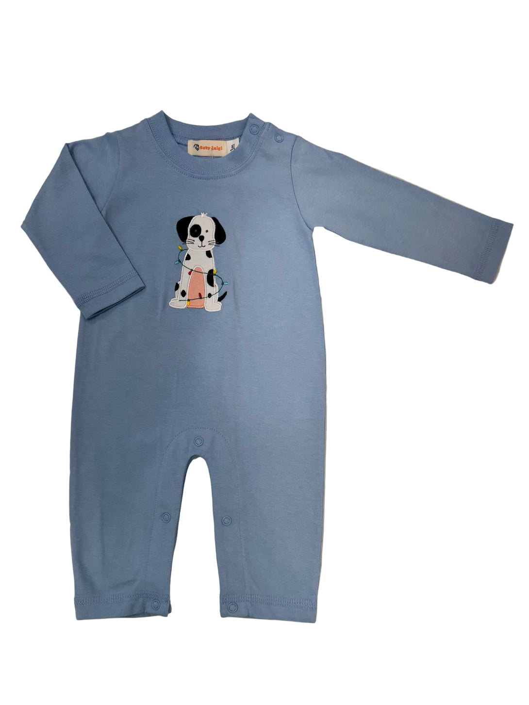 Blue Romper Dalmation with Christmas Lights Applique