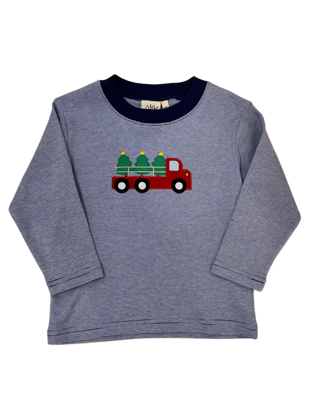 Navy Stripe T-Shirt Truck with Christmas Trees Applique