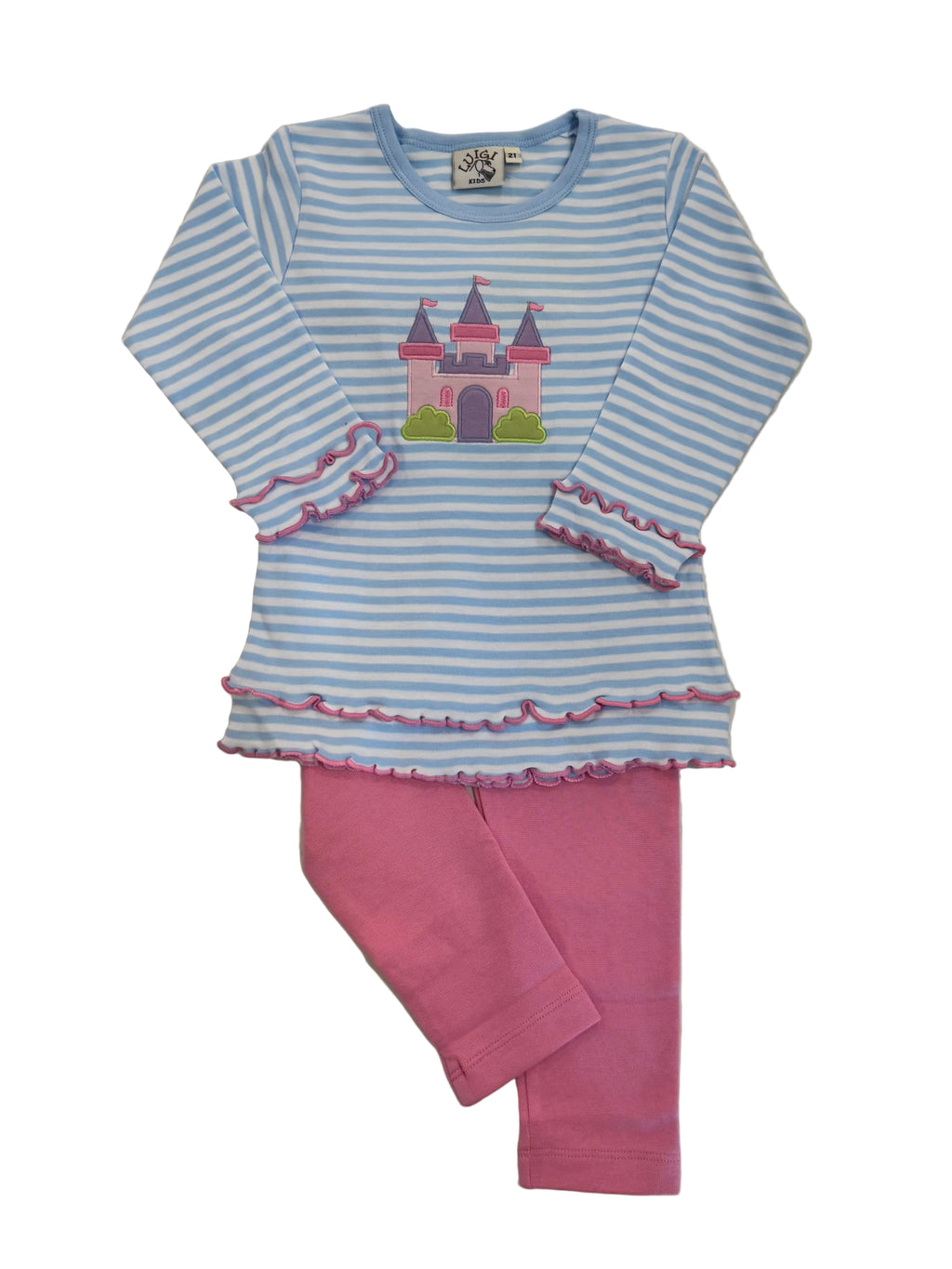 Blue Stripe Double Lettuce Edge Castle Applique Legging Set