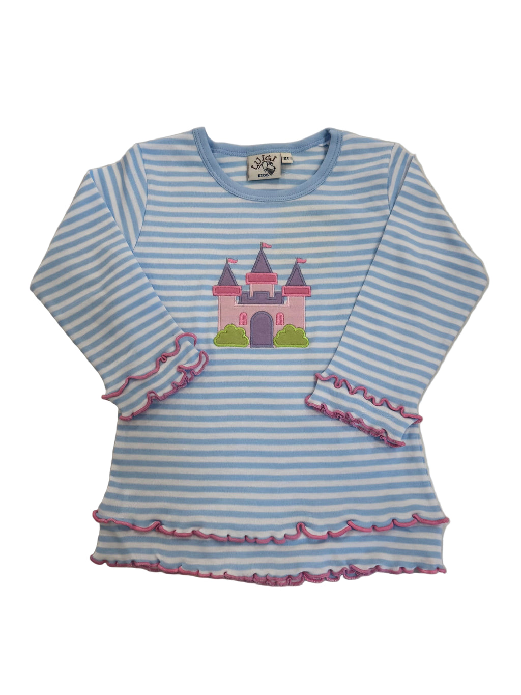 Blue Stripe Double Lettuce Edge Castle Applique Shirt