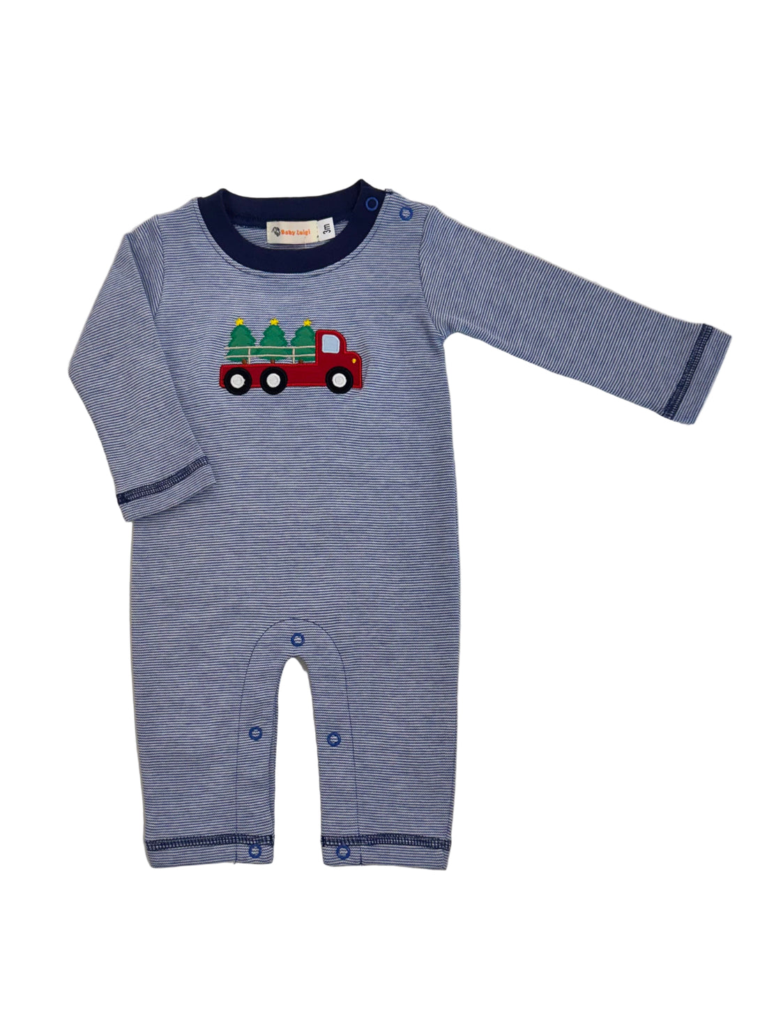 Navy Stripe Knit Romper with Truck and Christmas Trees Applique