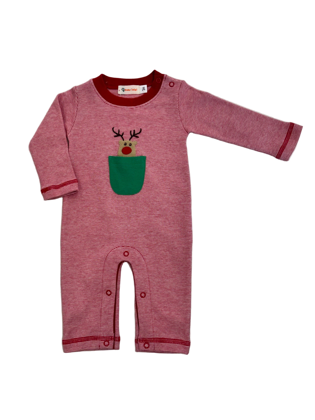 Red Stripe Knit Romper with Rudolph Applique Pocket