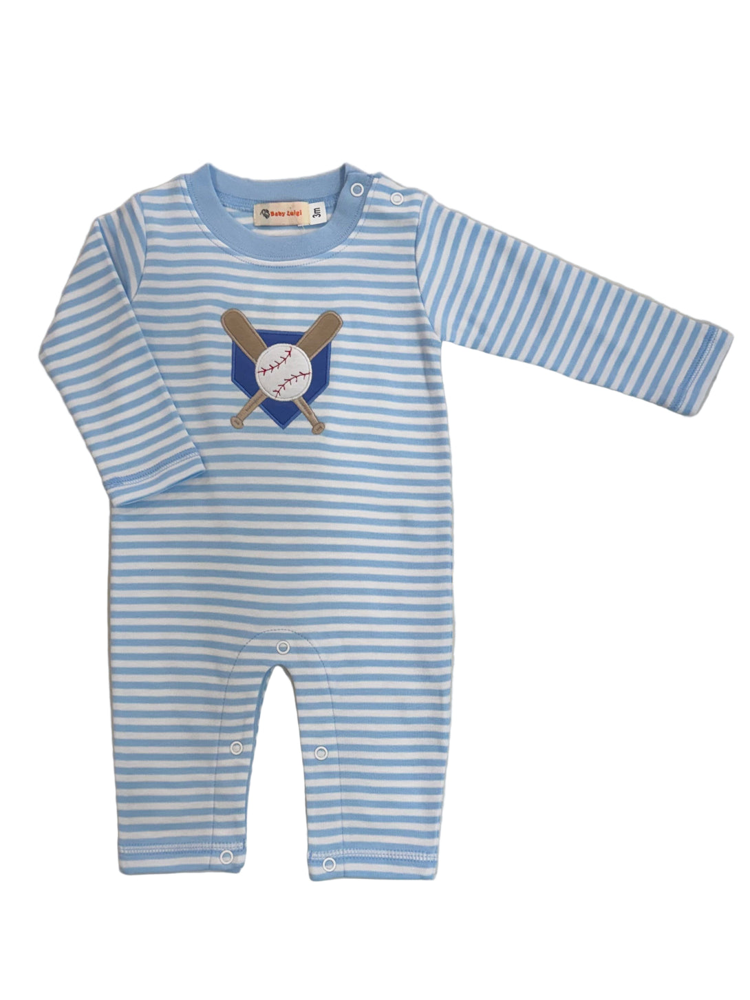 Blue and White Knit Romper with Baseball and Bat Applique