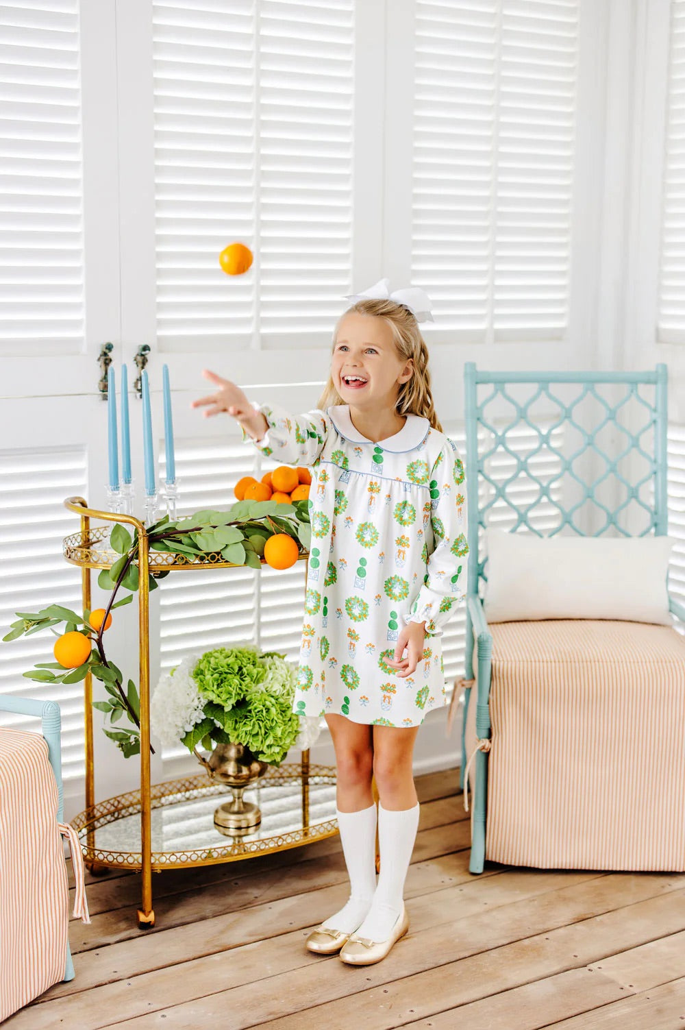 Long Sleeve Maerin Fitz Frock Pima in Topiaries and Tangerines