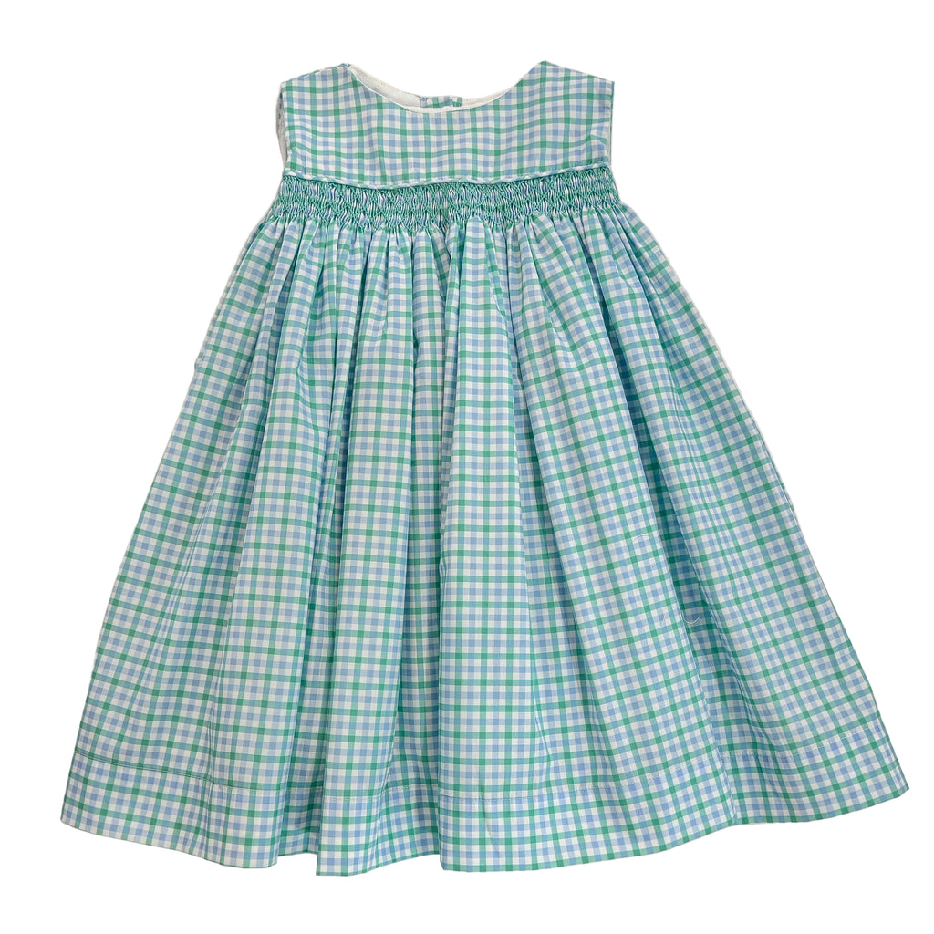 Daisy Blue Green Plaid Smocked Waist Sleeveless Dress